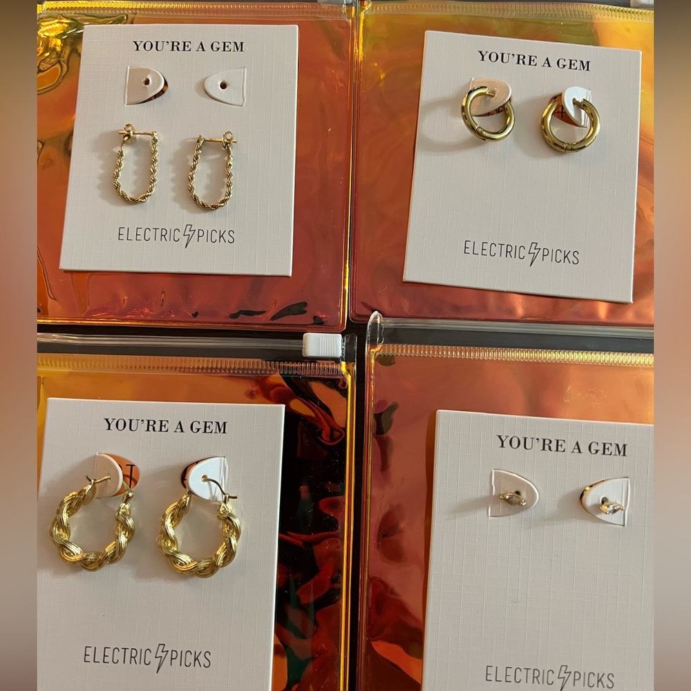Electric Picks earrings - Mini Ringo hoops, Brody hoops, Tara and Madison studs